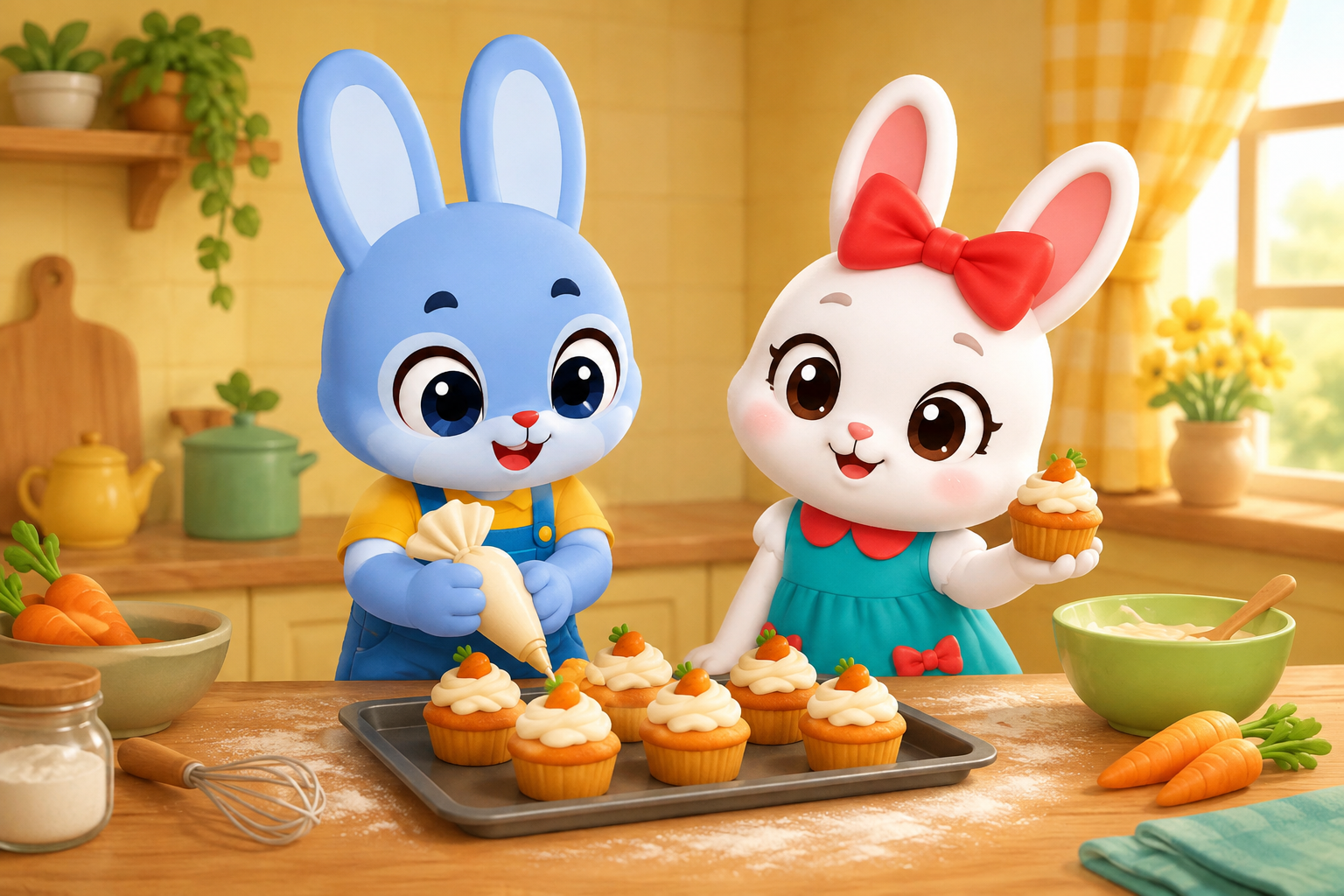 MAX and Lily decorating carrot cupcakes in their cozy yellow kitchen.