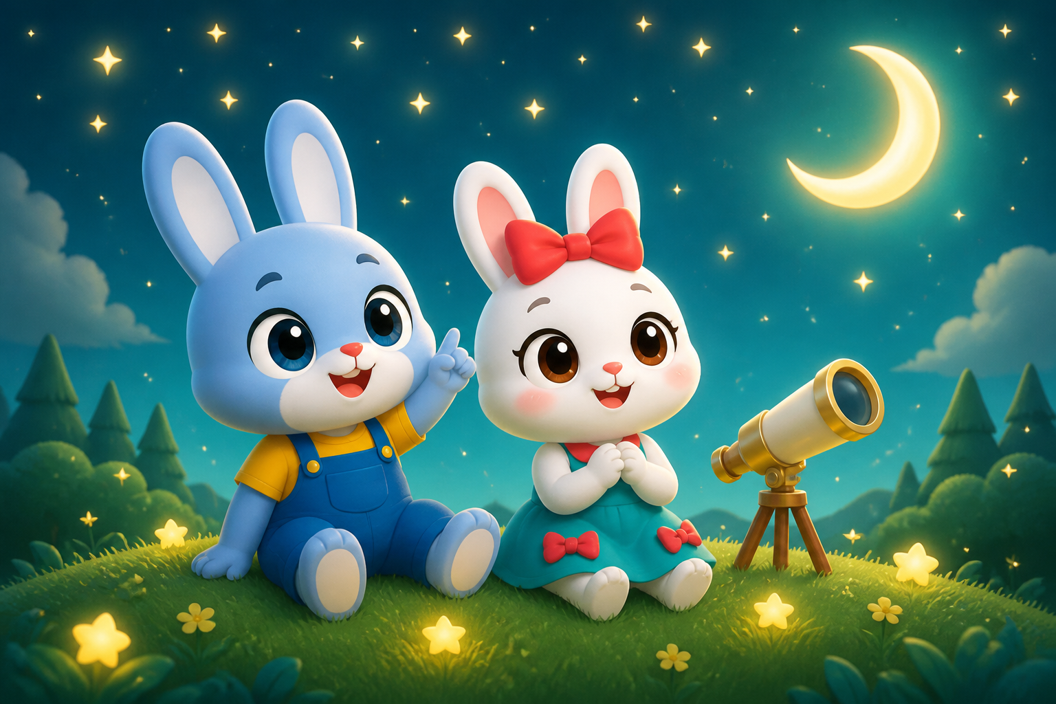 MAX and Lily stargazing beneath a crescent moon with a telescope.